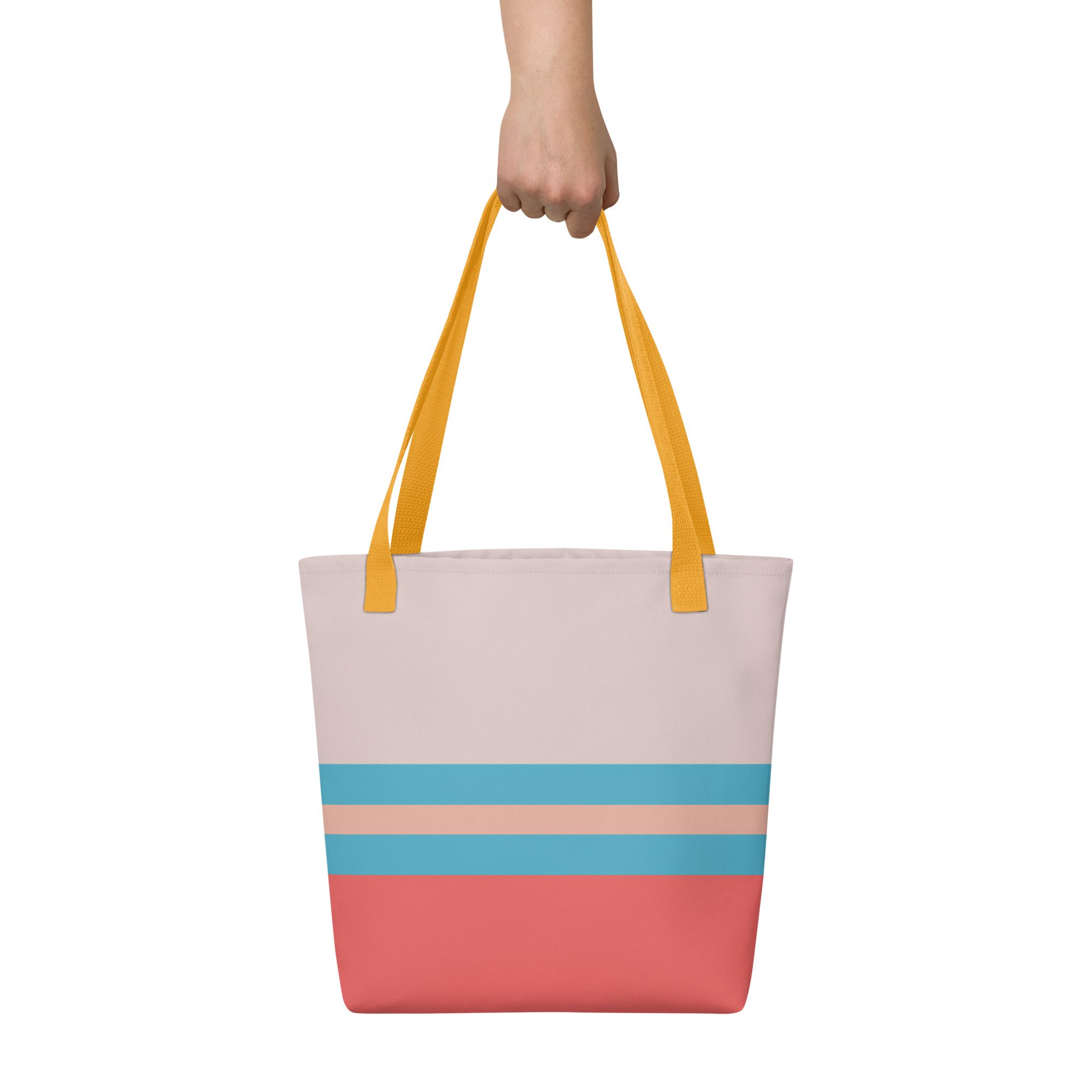 Pink vintage tote bag with blue stripes