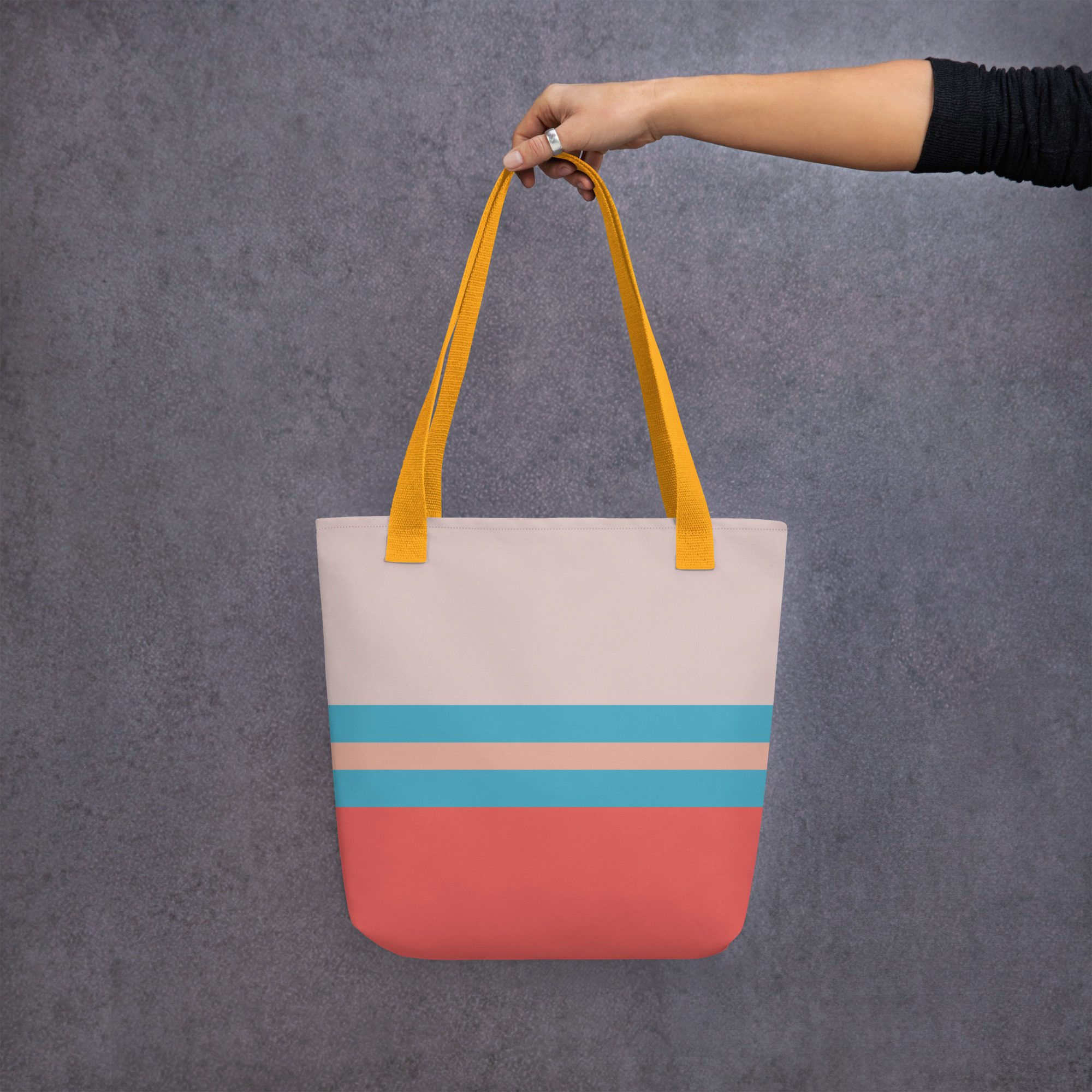 Pink vintage tote bag with blue stripes