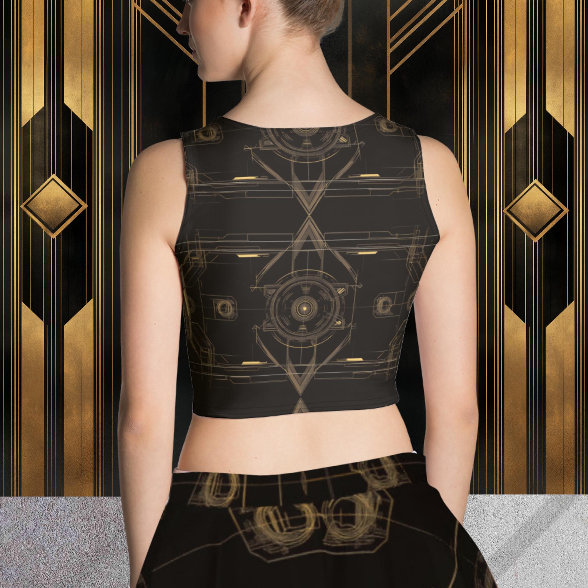 Brown crop top with geometric line design and body-hugging fit