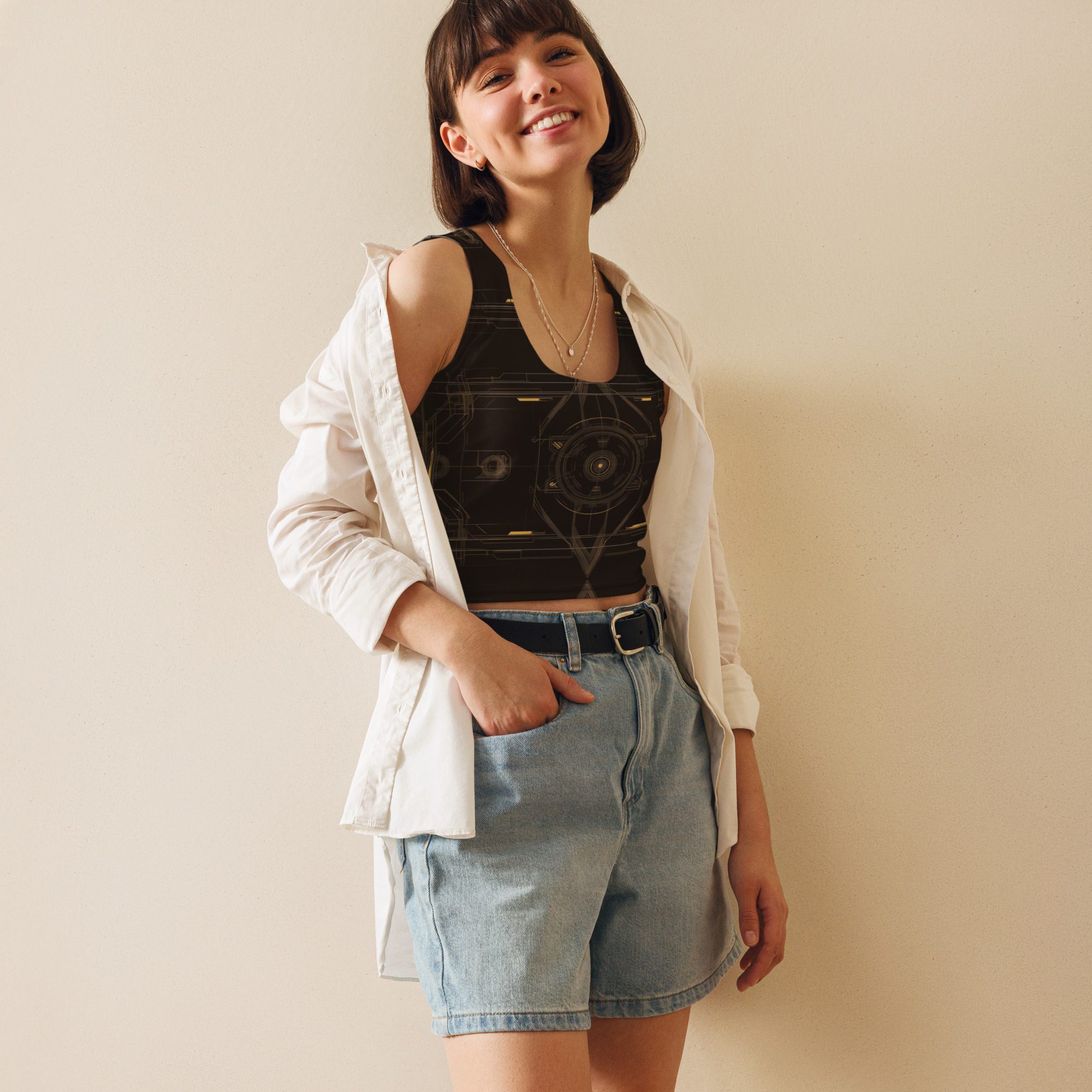 Brown crop top with geometric line design and body-hugging fit