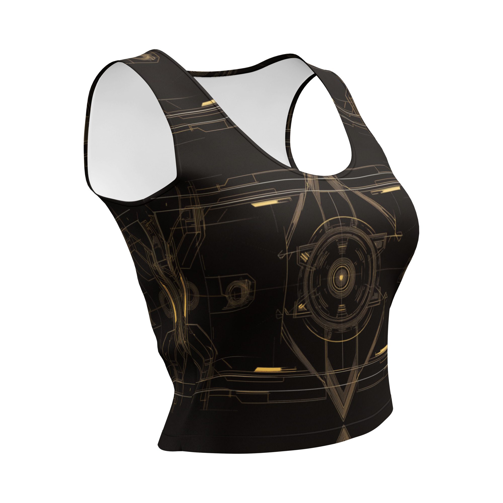 Brown crop top with geometric line design and body-hugging fit