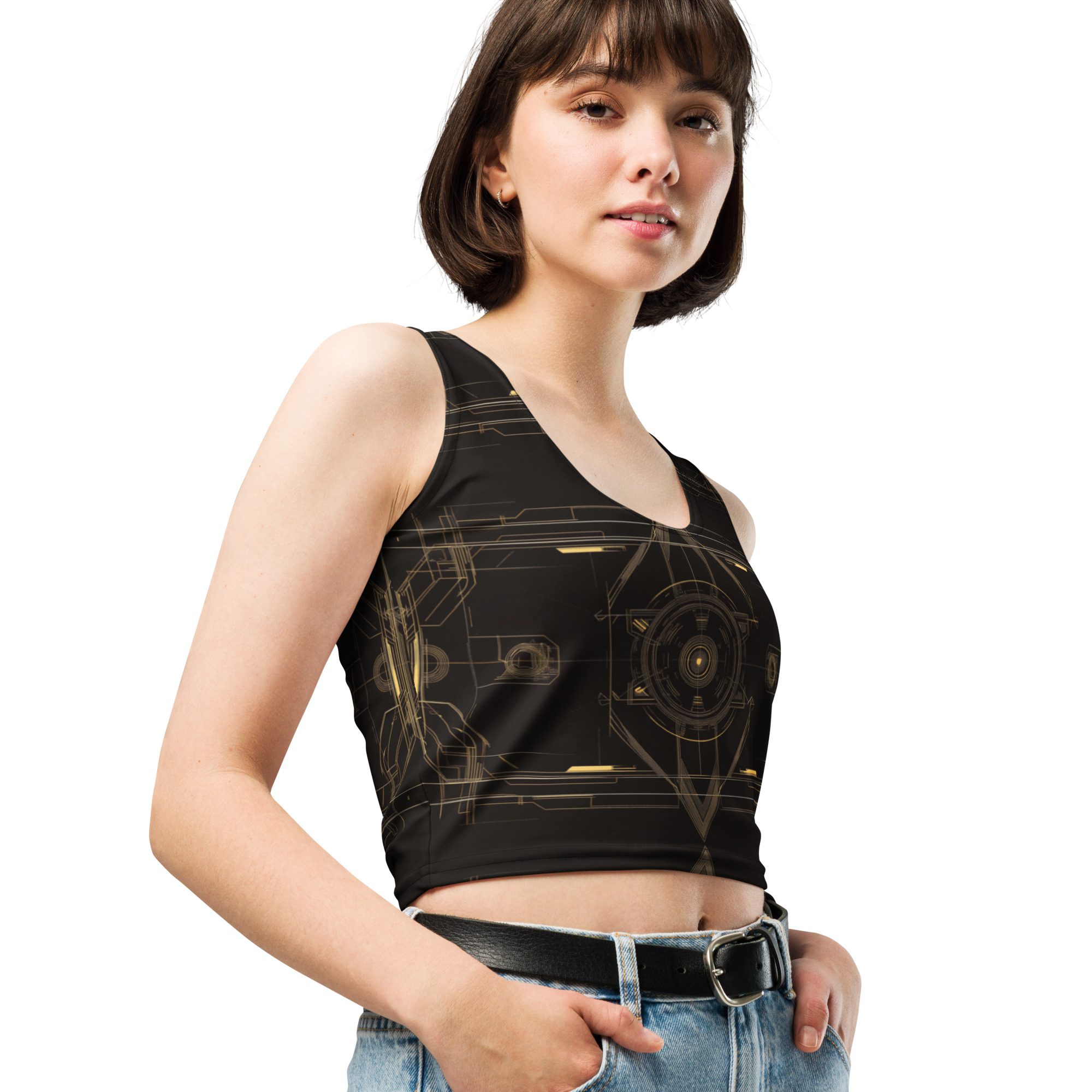 Brown crop top with geometric line design and body-hugging fit