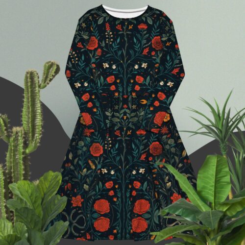 romantic black floral long sleeve midi dress