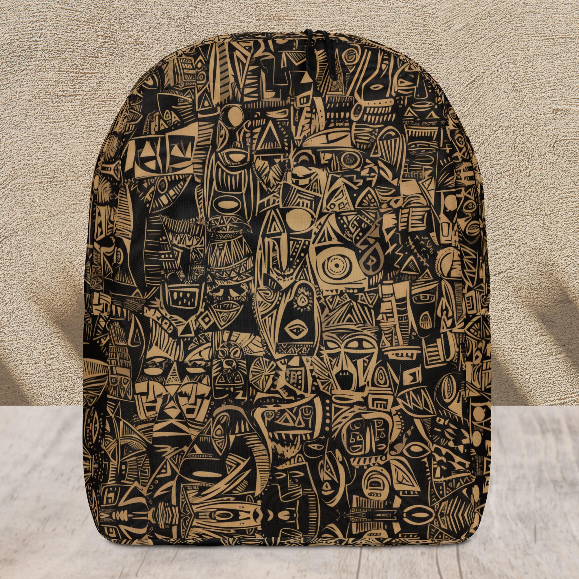 Black tribal pattern minimalist backpack with brown geometric details