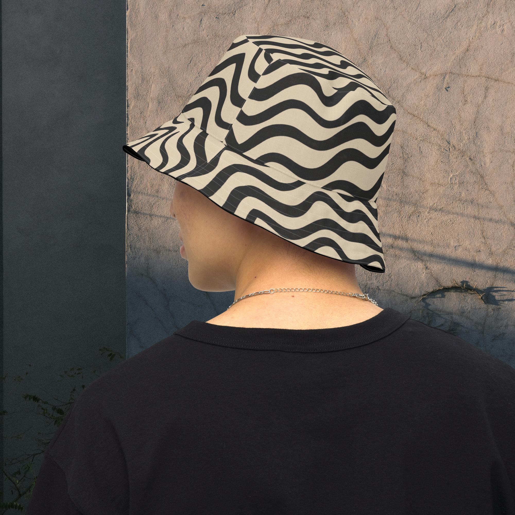 black and white reversible bucket hat with Wavy lines
