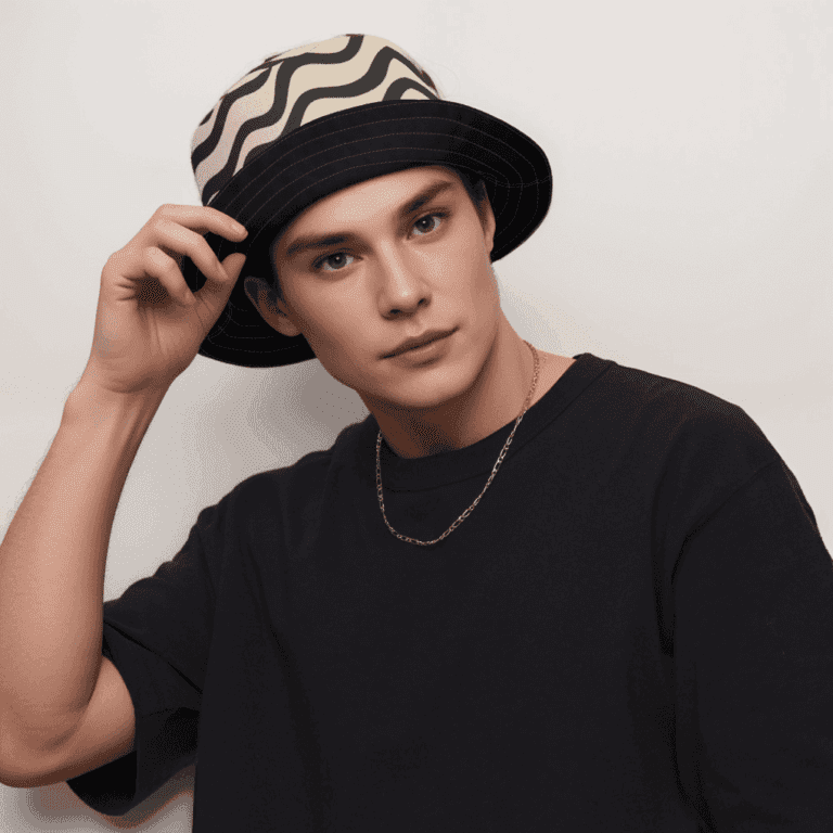 black and white reversible bucket hat with Wavy lines