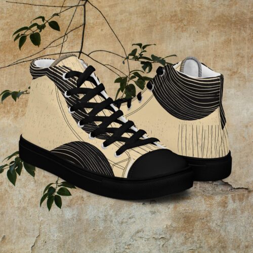 Men’s high top canvas shoes with light beige background and black pathway design