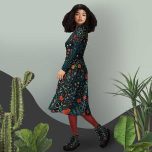 Romantic black floral long sleeve midi dress