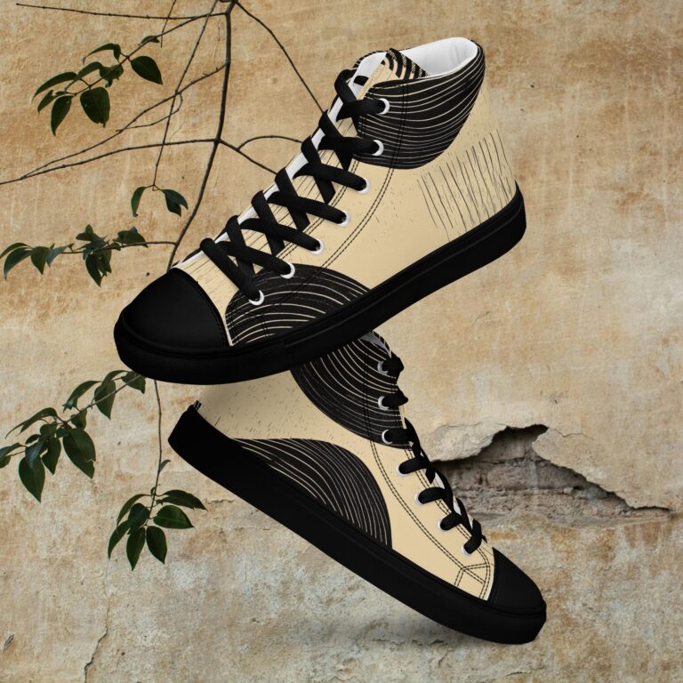 Women’s high top canvas shoes with light beige background and black pathway design