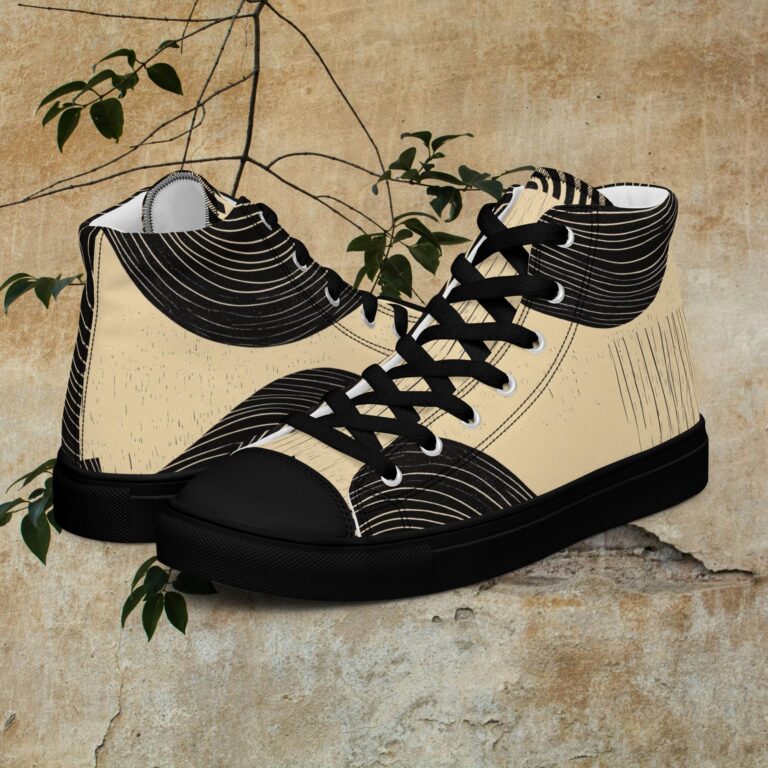 Women’s high top canvas shoes with light beige background and black pathway design