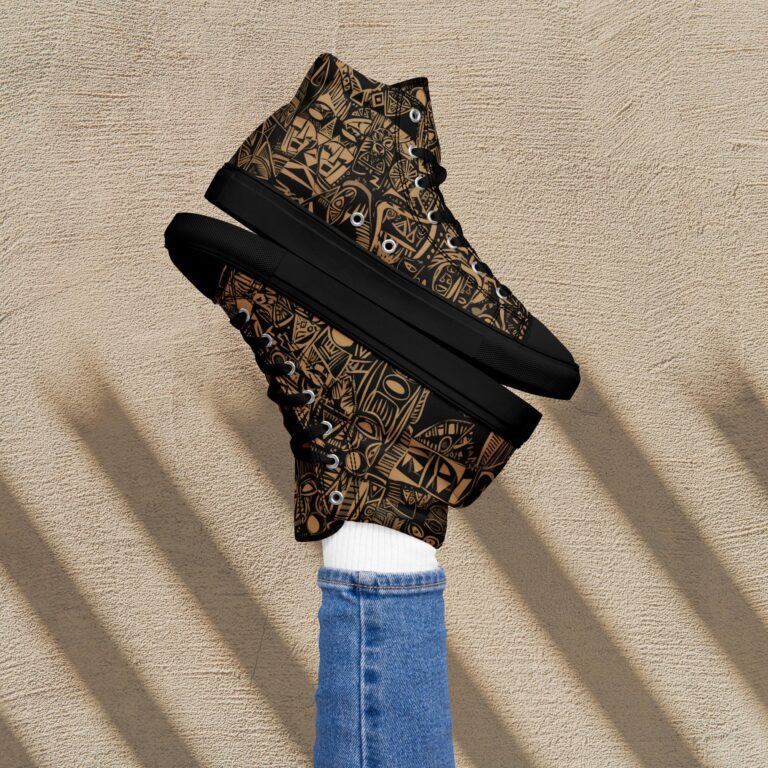 Women's high top canvas shoes with brown tribal patterns on black background