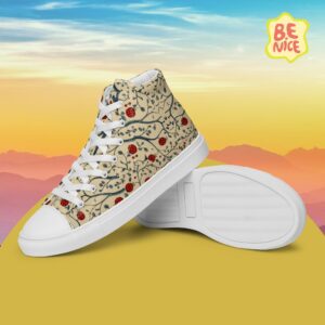 Women’s high top canvas shoes with light beige background and strawberry branch design, romantic style