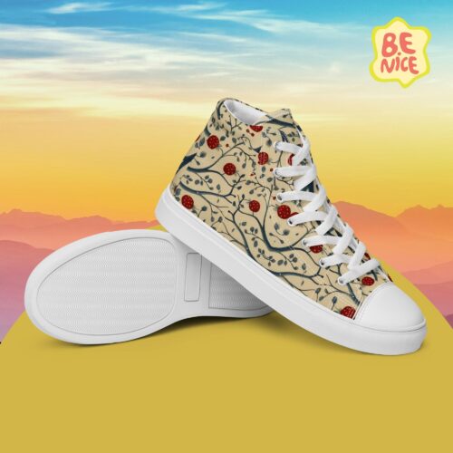 Women’s high top canvas shoes with light beige background and strawberry branch design, romantic style