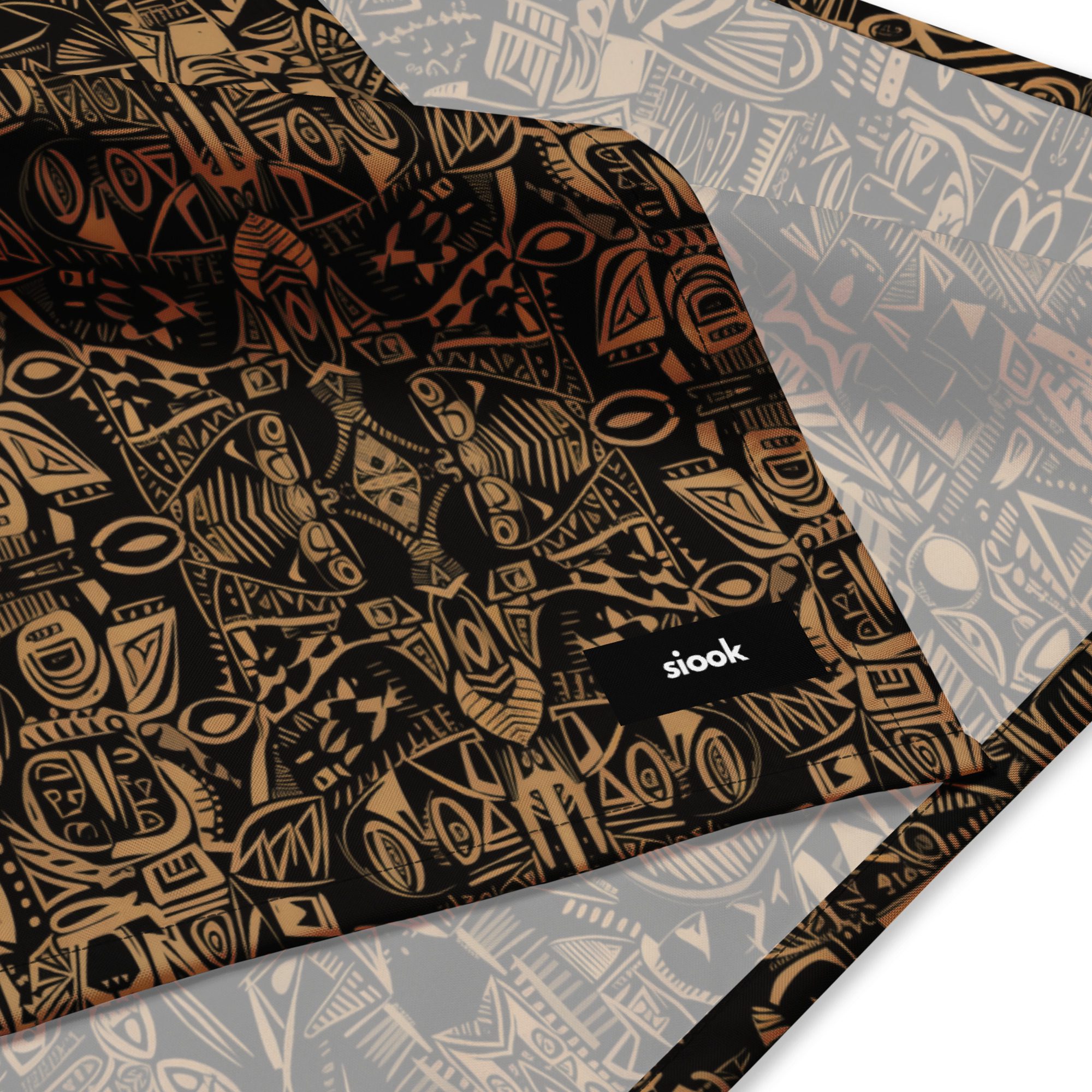 Black tribal pattern bandana with brown geometric designs