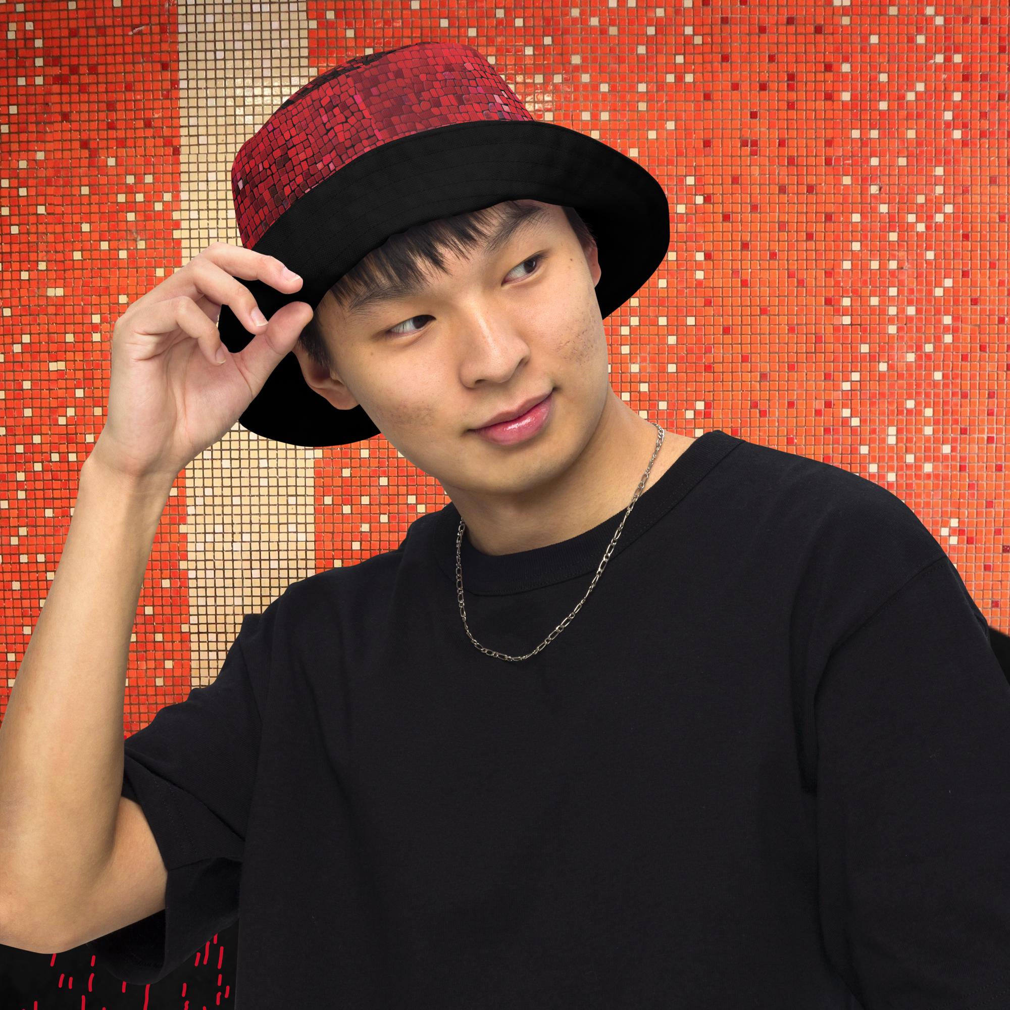 Red tile reversible bucket hat.