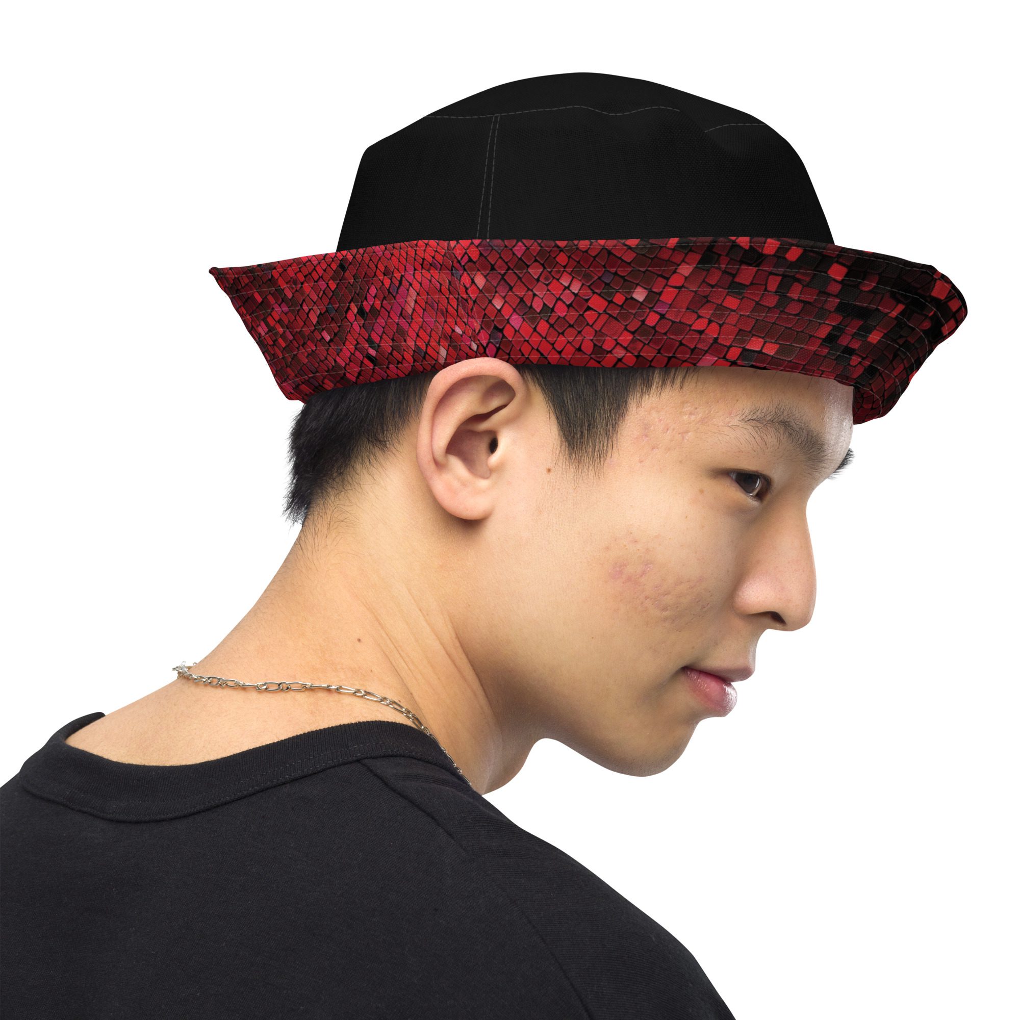 Red tile reversible bucket hat.