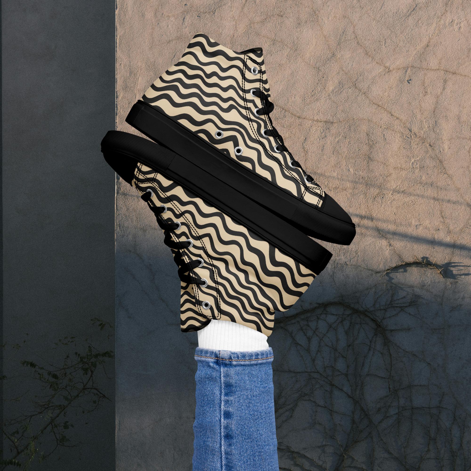 wavy black and white women’s high top canvas shoes with black sole and wave pattern