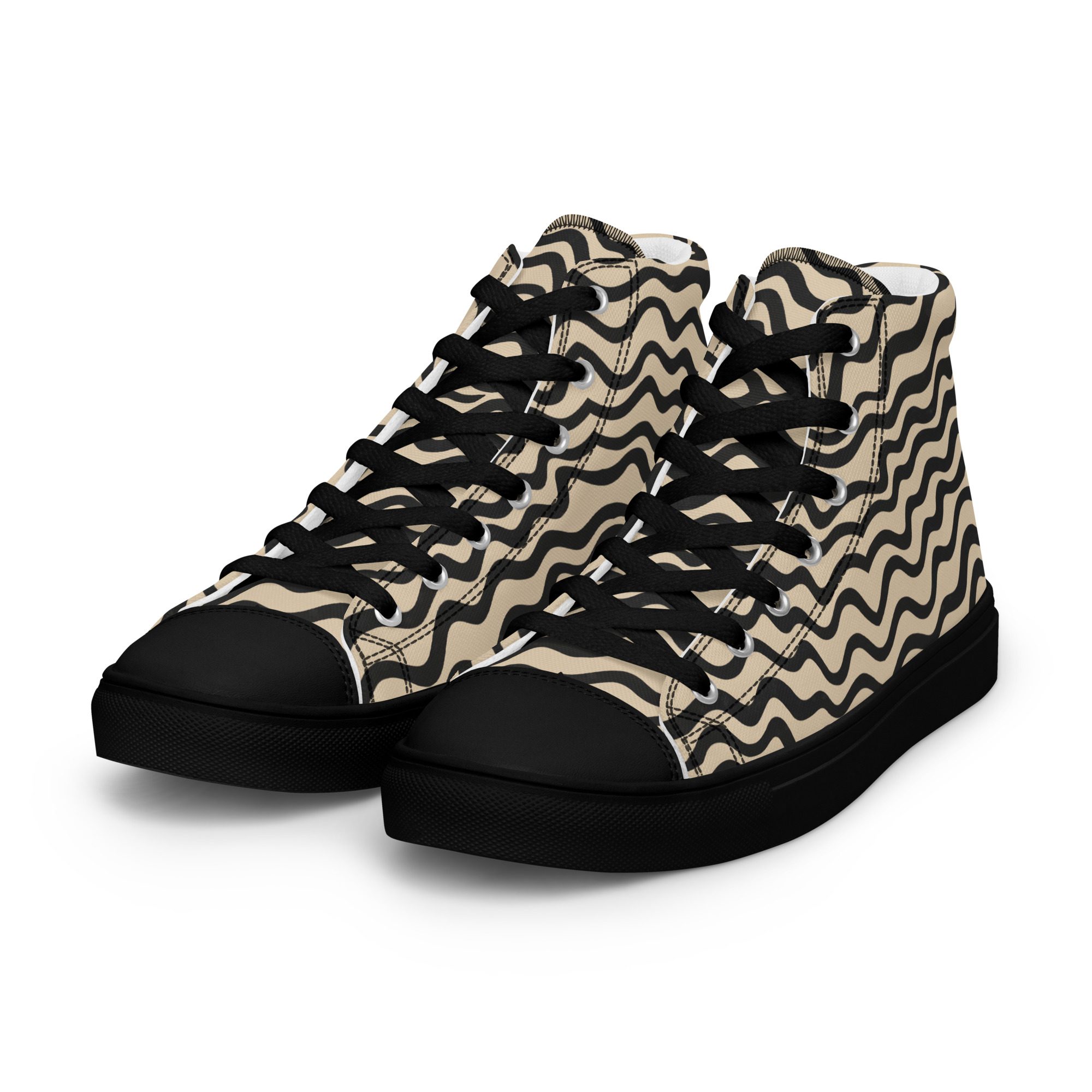 wavy black and white women’s high top canvas shoes with black sole and wave pattern