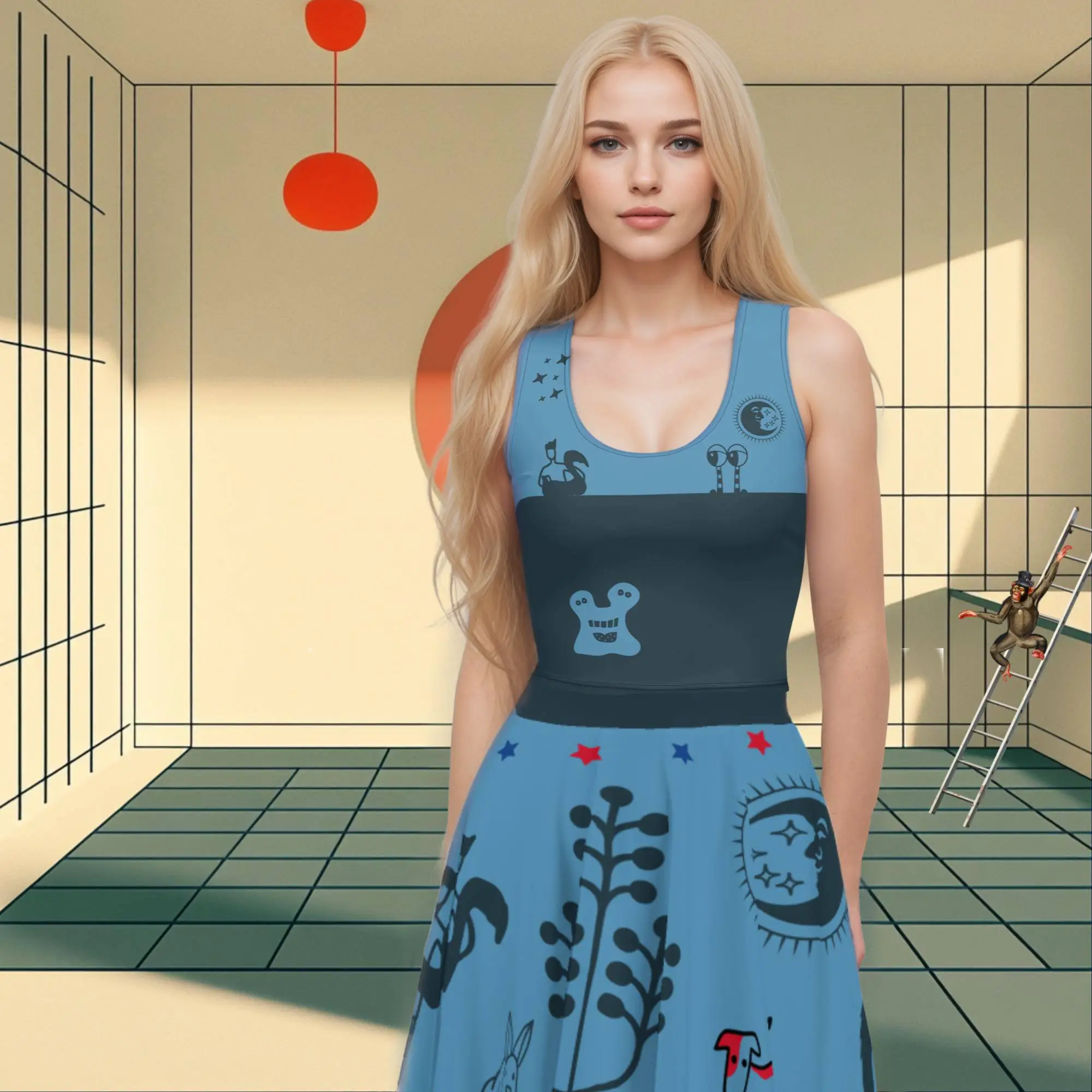 Woman wearing ocean-blue crop top.