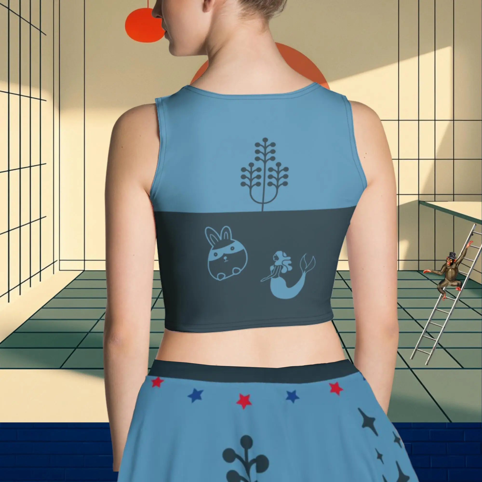 Model showing Blue Life Crop Top back design highlighting body-contouring cut