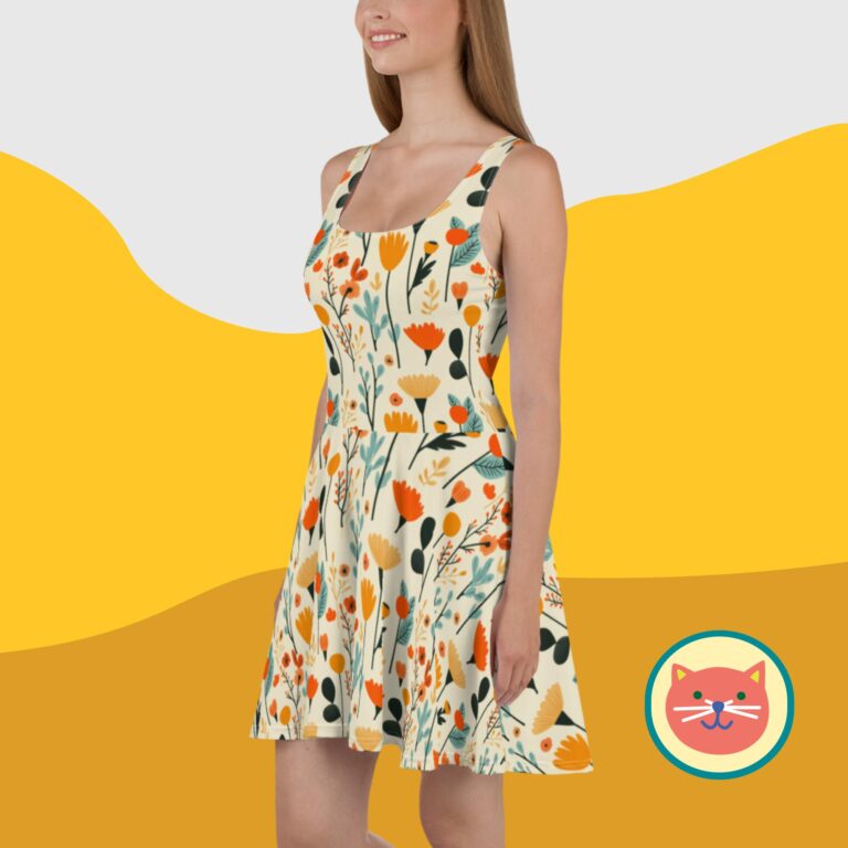 Sleeveless elastic waist skater dress, white background with colorful flowers